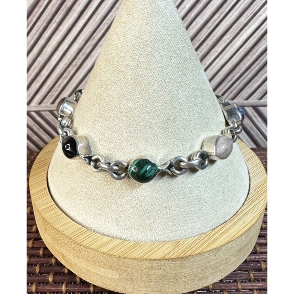 Vintage Taxco Sterling Silver Multi Stone Fish Shape Link Toggle Bracelet 7.25”